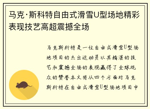 马克·斯科特自由式滑雪U型场地精彩表现技艺高超震撼全场