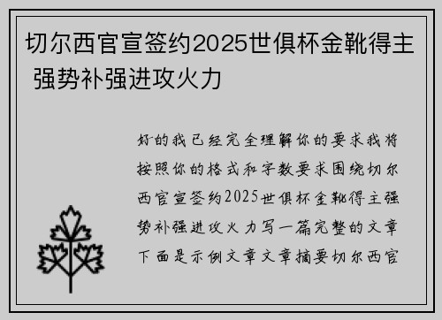 切尔西官宣签约2025世俱杯金靴得主 强势补强进攻火力